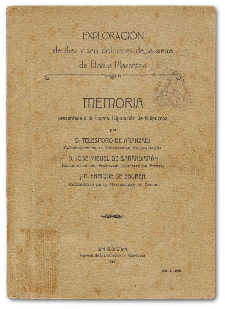 Aranzadi, Barandiaran eta Egurenek 1922an argitaratutako indusketen memoriaren azala.